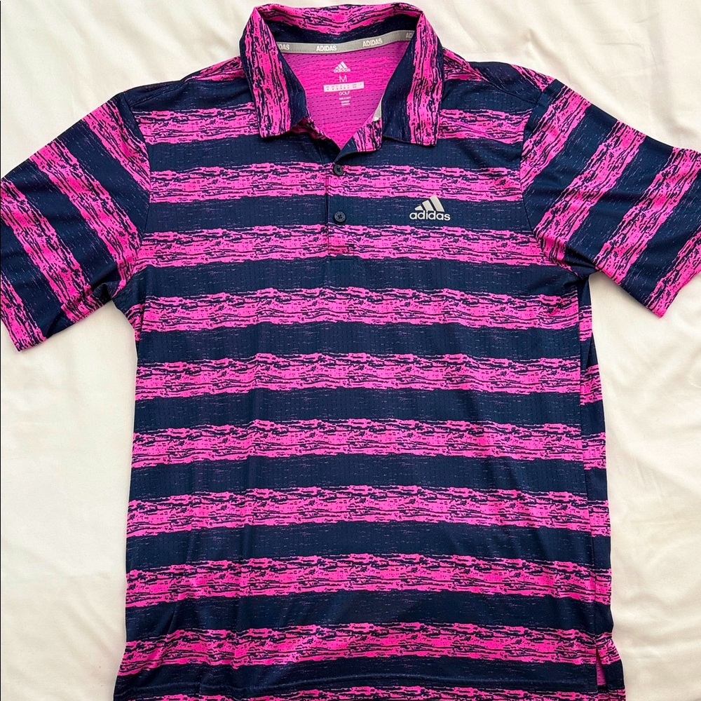 Adidas Vibrant Pink and Navy Golf Polo Striped Shirt